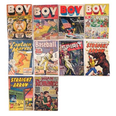 Lot # 1460: Multiple Publishers - J.W. Rinzler Collection: Will Eisner-Signed Baseball Comics and Spirit Issues with Eight Boy Comics, Straight Arrow, Captain Marvel, and Young Romance Golden Age Issues [Qty. 10]