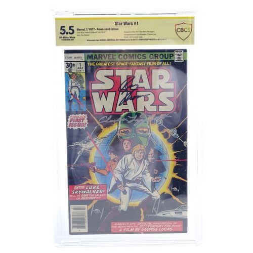 Lot # 1524: Marvel Comics - Charles Lippincott Collection: Star Wars No. 1 Comic Signed by Charles Lippincott, Roy Thomas, and Howard Chaykin CBCS 5.5