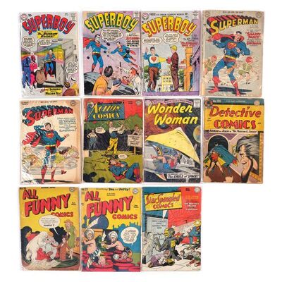 Lot # 1540: DC Comics - J.W. Rinzler Collection: Set of 11 Detective Comics, Action Comics, Superman, Superboy, All Funny Comics, and Wonder Woman Golden Age Issues