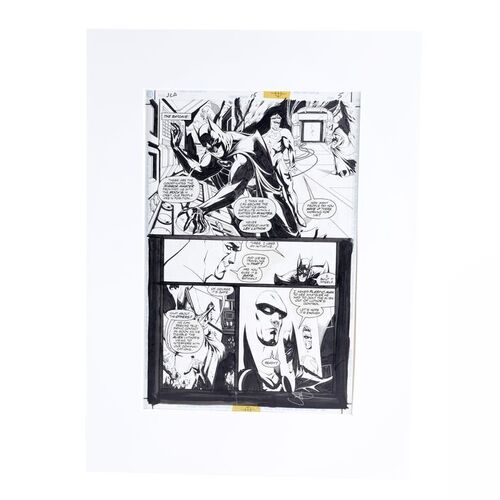 Lot # 1635: DC Comics - J.W. Rinzler Collection: John Dell-Signed Matted JLA No. 15 P. 5 by Howard Porter and Dell