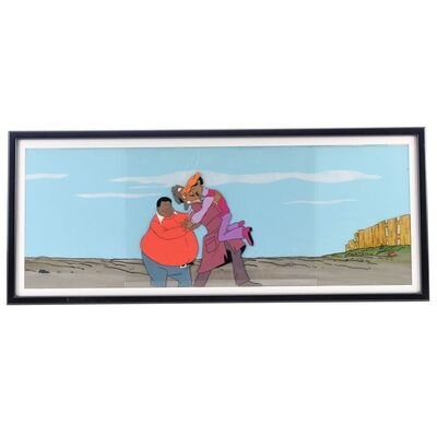 Lot # 1650: Fat Albert And The Cosby Kids (T.V. Series, 1972 - 1985) - Framed Panoramic Production Animation Cel Featuring Fat Albert, Rudy Davis, and Mudfoot Brown with Hand-Painted Background