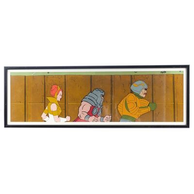 Lot # 1651: He-Man And The Masters Of The Universe (T.V. Series, 1983 - 1985) - Framed Hand-Painted Panoramic Production Animation Cel Featuring Teela, Ram Man, and Man-at-Arms with Background