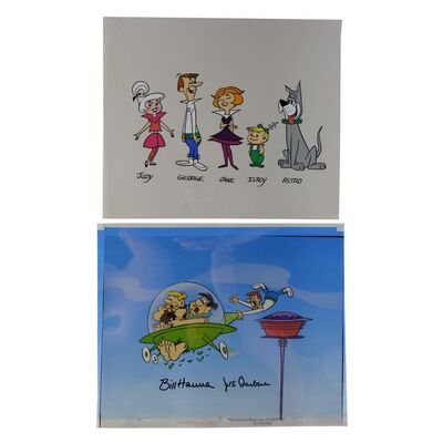Lot # 1652: The Jetsons Meet The Flintstones (T.V. Movie, 1987) - Bill Hanna and Joe Barbera-Signed Hand-Painted Bumper Cel and Background with Jetsons Model Cel
