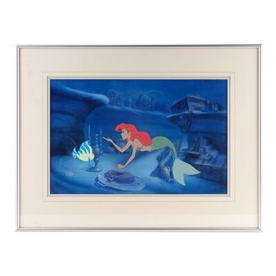 Lot # 1653: The Little Mermaid (1989) - Framed Hand-Painted Ariel and Flounder Production Animation Cel with Photocopy Background