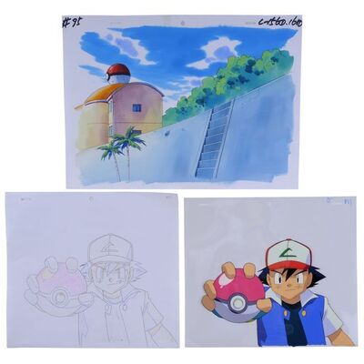 Lot # 1655: Pokemon (T.V. Series, 1997 - Present) - Hand-Painted Ash Ketchum Production Animation Setup and Background with Sketch