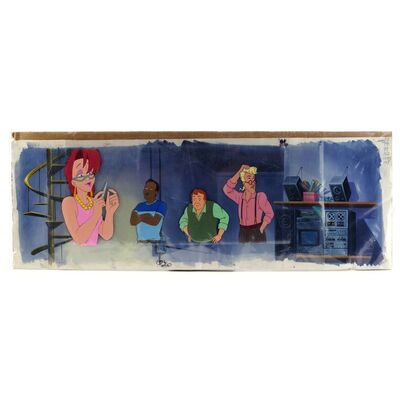 Lot # 1657: The Real Ghostbusters (T.V. Series, 1986 - 1991) - Hand-Painted Panoramic Production Animation Cel Featuring Janine Melnitz, Winston Zeddmore, Dr. Raymond Stantz, and Dr. Egon Spengler with Background