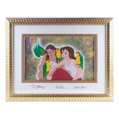 Lot # 1663: Tarzan (1999) - Phil Collins, Minnie Driver, and Tony Goldwyn-Signed Framed "Discovery Of Love" Character Sericel No. 131/375 with Lithograph Background