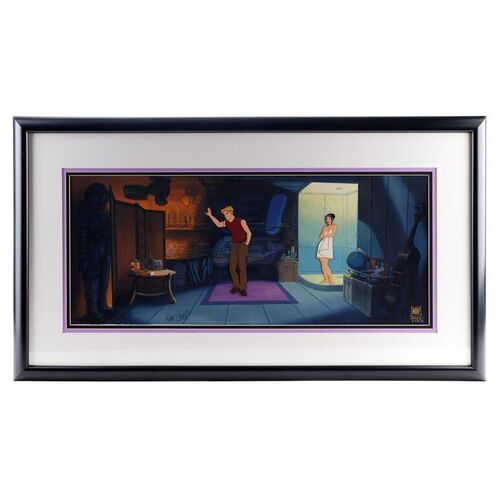 Lot # 1664: Titan A.E. (2000) - Don Bluth-Signed Framed Hand-Painted Cale Tucker and Akima Kunimoto Panoramic Production Animation Cel and Background