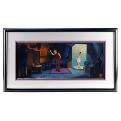 Lot # 1664: Titan A.E. (2000) - Don Bluth-Signed Framed Hand-Painted Cale Tucker and Akima Kunimoto Panoramic Production Animation Cel and Background