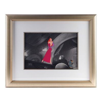 Lot # 1667: Who Framed Roger Rabbit (1988) - Hand-Painted Jessica Rabbit Ink and Paint Club Production Animation Cel with Photo Background