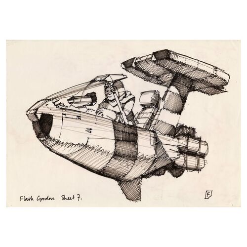 Lot # 1668: Flash Gordon (1980) - Charles Lippincott Collection: Hand-Drawn Chris Foss Rocket Cycle Sheet 7 with Loose Sketch