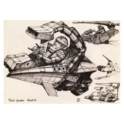 Lot # 1669: Flash Gordon (1980) - Charles Lippincott Collection: Hand-Drawn Chris Foss Rocket Cycle Sheet 6 with Loose Sketch