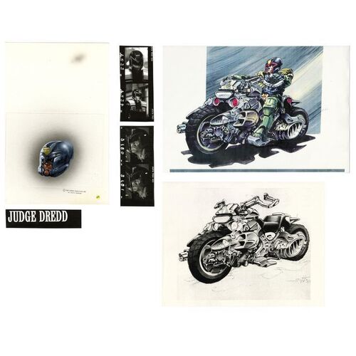 Lot # 1675: Judge Dredd (1995) - Charles Lippincott Collection: Hand-painted Judge Helmet Concept Sketch with Printed Lawmaster Designs