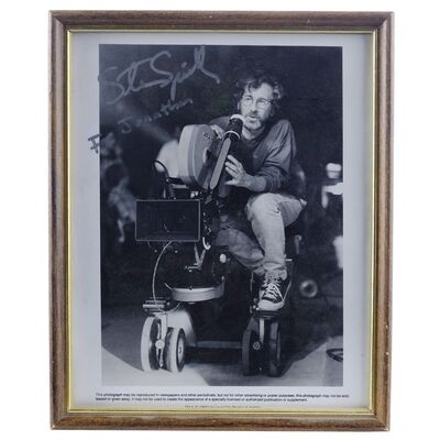 Lot # 1728: Steven Spielberg - J.W. Rinzler Collection: Framed Photograph Signed by Steven Spielberg Circa 1996 for Jonathan Rinzler