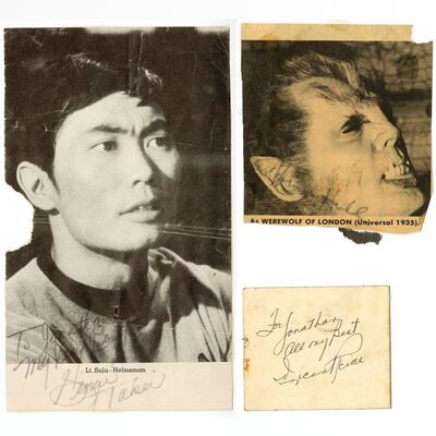 Lot # 1732: Various Productions - J.W. Rinzler Collection: Set of Vincent Price, George Takei, and Henry Hull Autographs