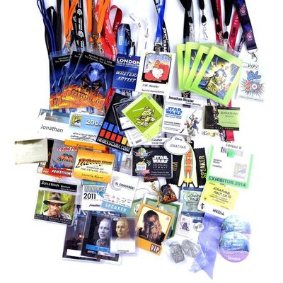 Lot # 1751: Various Productions - J.W. Rinzler Collection: Set of Convention Badges, IDs, Pins, and Trading Card
