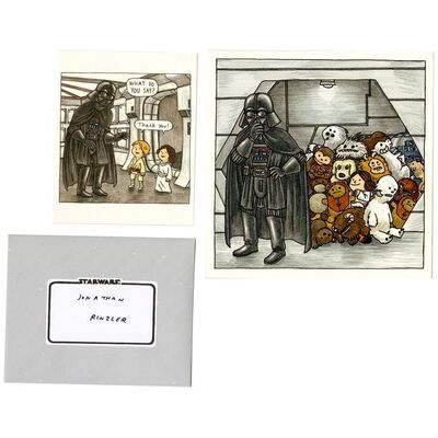 Lot # 1764: Star Wars: Jedi Academy (2013) - J.W. Rinzler Collection: Hand-Painted Jeffrey Brown "Finding Leia" Illustration with Inscribed Postcard