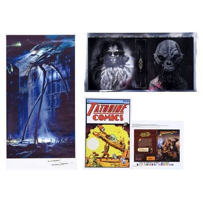 Lot # 1788: Various Productions - J.W. Rinzler Collection: Mitch Hallock-Signed Tatooine Comics Litho and Ryan Church-Signed War of the Worlds Concept Art Litho with Rick Baker and Indiana Jones Book Printer's Proofs