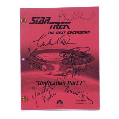 Lot # 1862: Star Trek: The Next Generation (T.V Series, 1991) - Cast-Autographed "Unification Part I" Bound Script