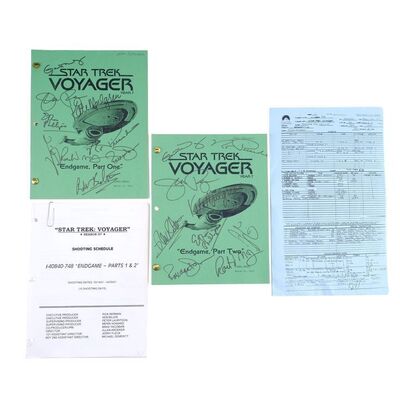 Lot # 1863: Star Trek: Voyager (T.V. Series, 2001) - Main Cast-Autographed "Endgame" Scripts with Shooting Schedule and Call Sheets