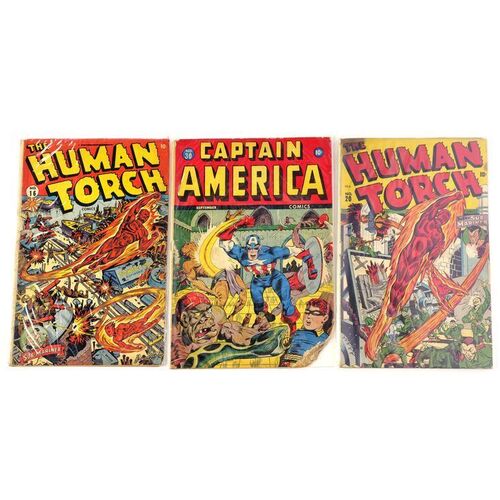 Lot # 1462: Timely Comics - J.W. Rinzler Collection: Captain America No. 30 with Human Torch No. 16, 20 [Qty. 3]