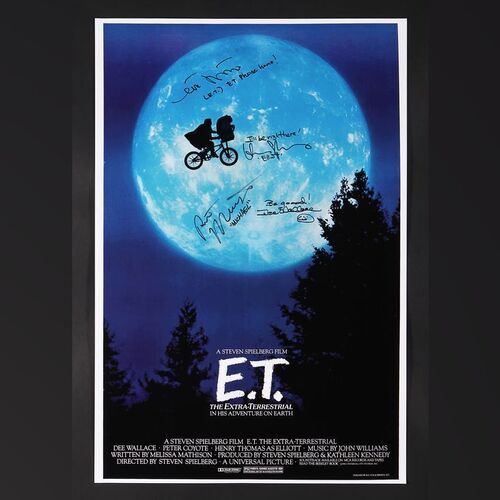 Lot #76 - E.T. THE EXTRA-TERRESTRIAL (1982) - Dee Wallace, Henry Thomas, Robert MacNaughton, Matthew De Meritt Autographed and Inscribed 'Bike in the Moon' Style Poster