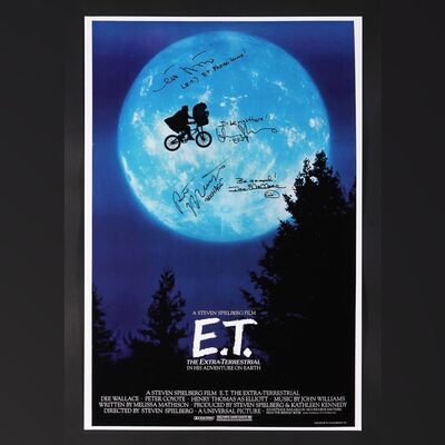 Lot #76 - E.T. THE EXTRA-TERRESTRIAL (1982) - Dee Wallace, Henry Thomas, Robert MacNaughton, Matthew De Meritt Autographed and Inscribed 'Bike in the Moon' Style Poster