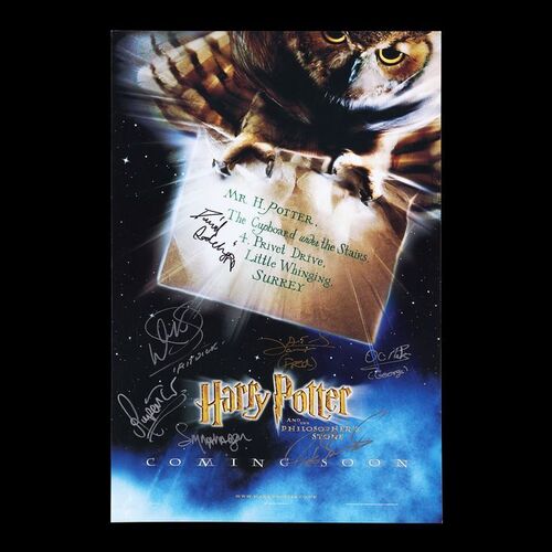 Lot #124 - HARRY POTTER AND THE PHILOSOPHER'S STONE (2001) - Daniel Radcliffe, Rupert Grint, Emma Watson, Warwick Davis, James and Oliver Phelps Autographed Mini Poster