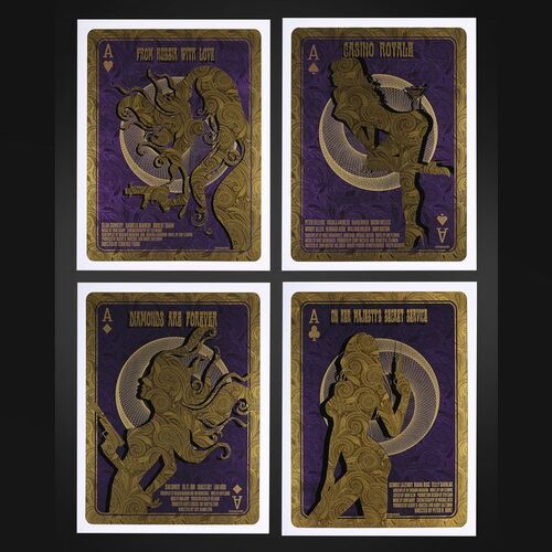 Lot #156 - JAMES BOND: CASINO ROYALE (1967), DIAMONDS ARE FOREVER (1971), FROM RUSSIA WITH LOVE (1963), ON HER MAJESTY'S SECRET SERVICE (1969) - Set of Four Hand-signed and Numbered Limited Edition Castro Theatre Prints by David O' Daniel - Purple Edition