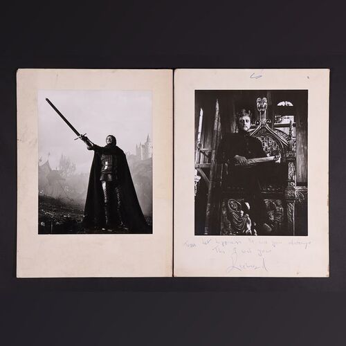 Lot #243 - CAMELOT (1967) - Pair of Black-and-white Character Stills With One Signed and Annotated by Richard Harris