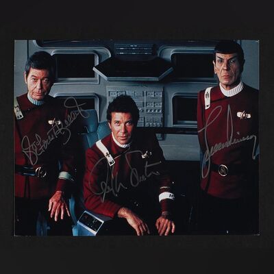 Lot #338 - STAR TREK V: FINAL FRONTIER (1989) - William Shatner, Leonard Nimoy, DeForest Kelley Autographed Full-Colour Photograph
