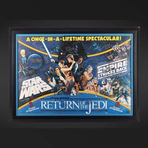 Lot #355 - STAR WARS: ORIGINAL TRILOGY (1977 - 1983) - Cast Autographed UK Quad Including Dave Prowse, Billy Dee Williams, Kenny Baker, Peter Mayhew, Jeremy Bulloch and Thirty-Four others.