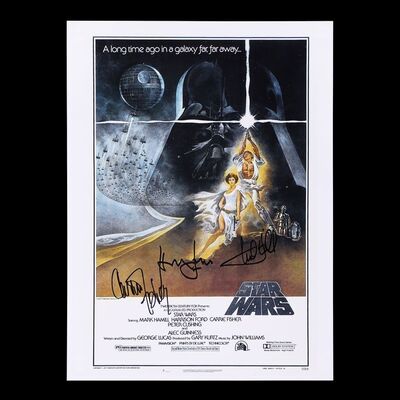 Lot #363 - STAR WARS: A NEW HOPE (1977) - Harrison Ford, Carrie Fisher and Mark Hamill Autographed Mini Poster