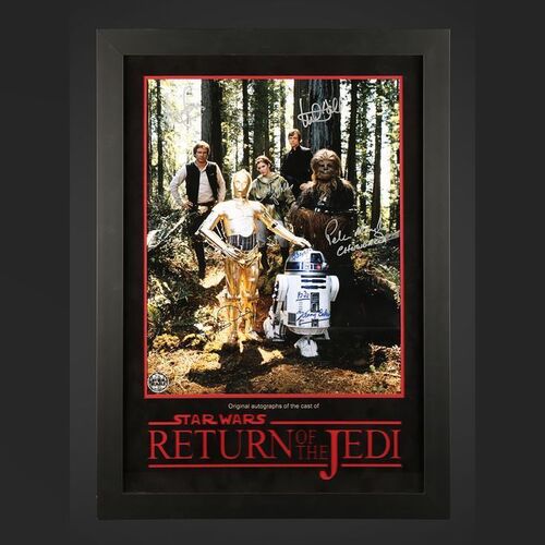 Lot #395 - STAR WARS: RETURN OF THE JEDI (1983) - Mark Hamill, Harrison Ford, Carrie Fisher, Peter Mayhew, Kenny Baker and Anthony Daniels Autographed Full-colour Photograph