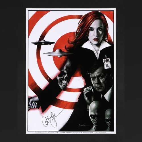 Lot #537 - THE X-FILES : DANA SCULLY, 2012 - Gillian Anderson Autographed Limited-Edition "Government Denies Knowledge" Poster by Carlos Valenzuela, 2012