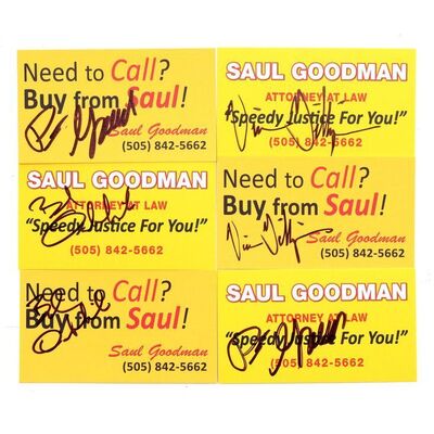Lot # 3: Six Signed Saul Goodman Business Cards - Vince Gilligan, Peter Gould, and Bob Odenkirk