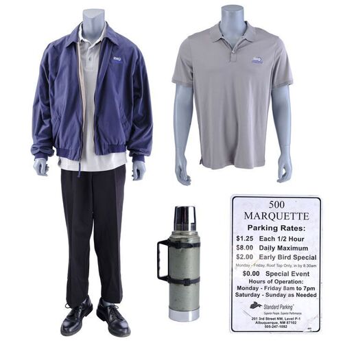 Lot # 20: Mike Ehrmantraut (as played by Jonathan Banks) SMQ Parking Attendant Uniform with Sign and Insulated Coffee Bottle