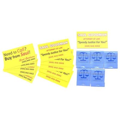 Lot # 34: Saul Goodman (as played by Bob Odenkirk) Business Cards and Magnet, and Jimmy McGill Matches