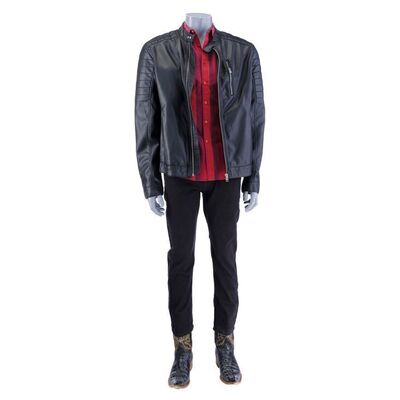 Lot # 63: Nacho Varga (as played by Michael Mando) Leather Jacket with Red Striped Dress Shirt