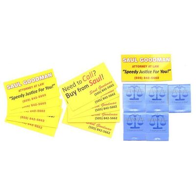 Lot # 79: Saul Goodman (as played by Bob Odenkirk) Business Cards and Magnet, and Jimmy McGill Matches