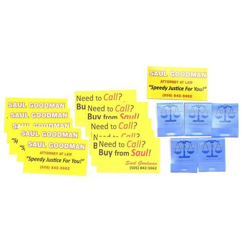 Lot # 103: Saul Goodman (as played by Bob Odenkirk) Business Cards and Magnet, and Jimmy McGill Matches