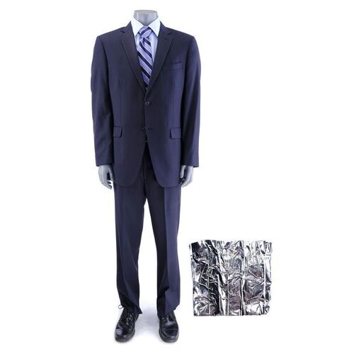 Lot # 112: Charles McGill (as played by Michael McKean) Black and Blue Suit with Unused Space Blanket