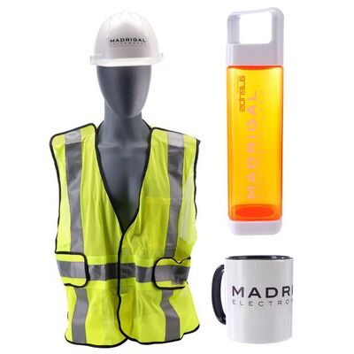 Lot # 113: Madrigal Intermodal Warehouse Hardhat, Safety Vest, Water Bottle, and Mug