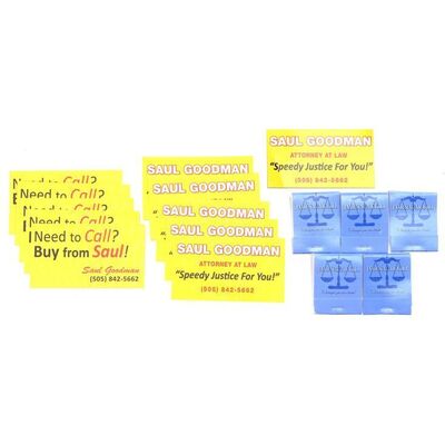 Lot # 131: Saul Goodman (as played by Bob Odenkirk) Business Cards and Magnet, and Jimmy McGill Matches