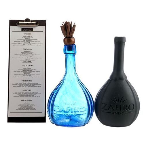 Lot # 148: Zafiro Anejo Prototype Tequila Bottles with Cap and Cobre Vista Country Club Menu