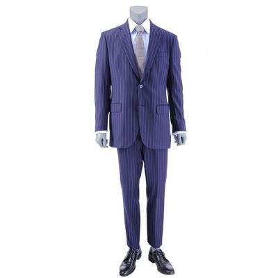 Lot # 155: Howard Hamlin (as played by Patrick Fabian) Pinstripe Suit with HHM Pen, Watch, and Wedding Ring