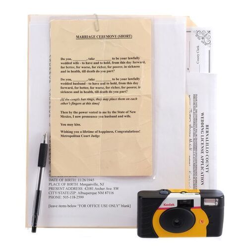 Lot # 171: Jimmy McGill (as played by Bob Odenkirk) and Kim Wexler (as played by Rhea Seehorn) Marriage Paperwork with Huell's Wedding Camera