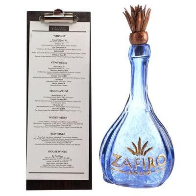 Lot # 207: Zafiro Anejo Tequila Bottle with Cap and Cobre Vista Country Club Menu