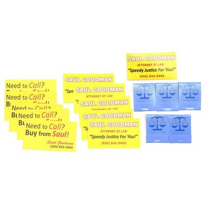 Lot # 229: Saul Goodman (as played by Bob Odenkirk) Business Cards and Magnet, and Jimmy McGill Matches