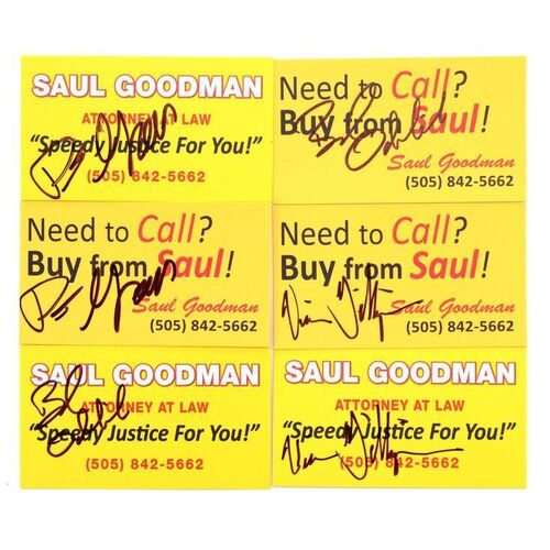 Lot # 292: Six Signed Saul Goodman Business Cards - Vince Gilligan, Peter Gould, and Bob Odenkirk